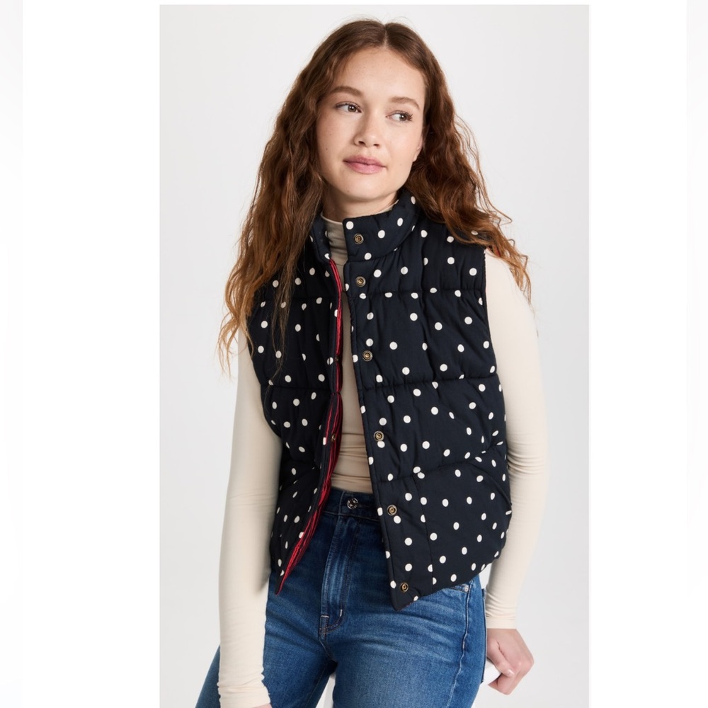 Clare V. Emile Vest Reversible Puffy Black White Polka Dot Red Stripe Size L/XL